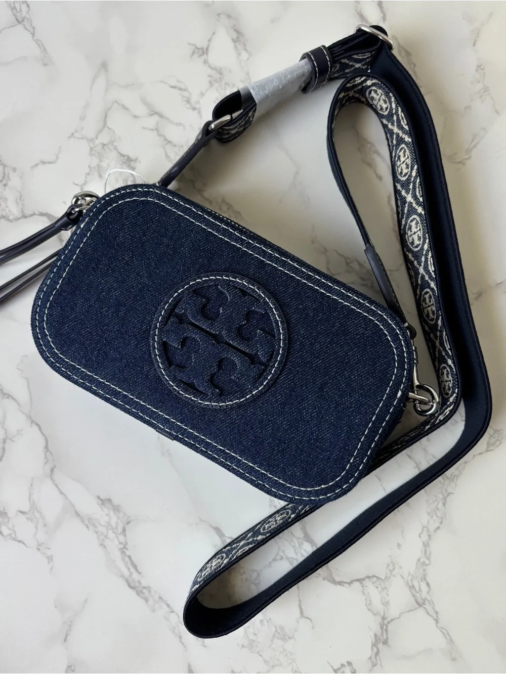 New Tory Burch Mini Miller Denim Crossbody Bag Blue Logo Jacquard Strap